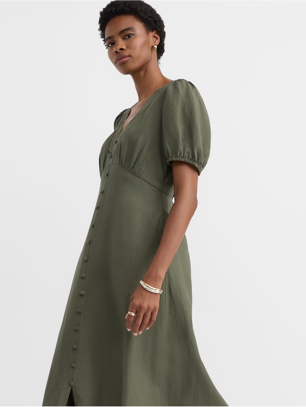 LOFT Olive Puff-Sleeve Button-Front Midi Dress - Picture 2 of 3
